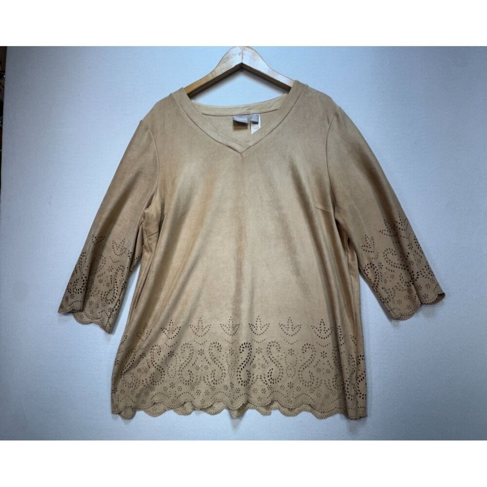 Chico's Women's V Neck Tunic Top Long Sleeve Stretch Faux Suede Paisley Sz 3 Tan